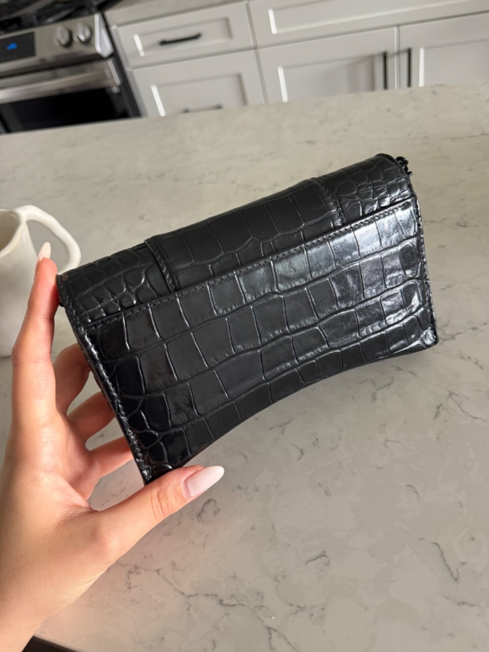 BALENCIAGA Crocodile Embossed Hourglass Chain Cross Body Bag Black - Picture 2 of 5